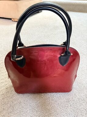 Beijo Red Patent Dome Satchel with Black Handles and Trim